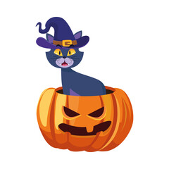 Halloween cat with hat on pumpkin cartoon vector design