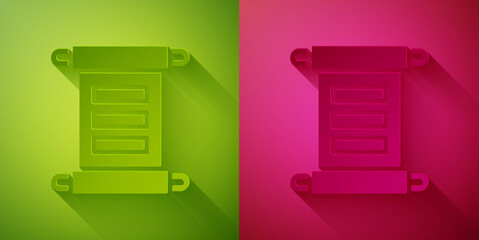 Paper cut Decree, paper, parchment, scroll icon icon isolated on green and pink background. Paper art style. Vector.