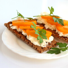 Light Breakfast, healthy food. Crusty bread with soft cottage cheese, tomatoes and parsley. The sandwich is on a white plate, isolated on a white background