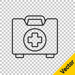 Obraz premium Black line First aid kit icon isolated on transparent background. Medical box with cross. Medical equipment for emergency. Healthcare concept. Vector Illustration.