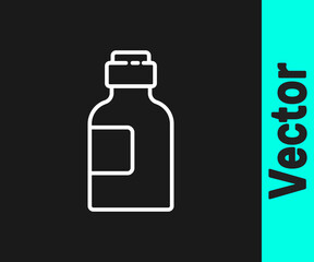 White line Bottle of medicine syrup icon isolated on black background. Vector Illustration.