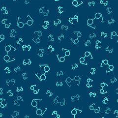 Green line Glasses icon isolated seamless pattern on blue background. Eyeglass frame symbol. Vector Illustration.