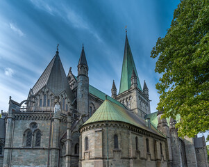 Obraz premium Nidaros Cathedral, Trondheim, Trondelag, Norway. Built 1070-1300 AD in romanesque and gothic styles over the burial site of St. Olav. Consecration site for Norwegian kings