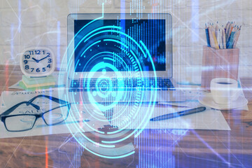 Multi exposure of desktop with computer on background and tech theme drawing. Concept of big data.