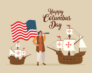 Christopher Columbus cartoon with ships and usa flags design of happy columbus day america and discovery theme Vector illustration
