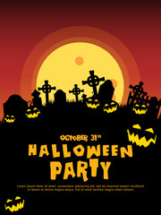 Halloween  background with tombstone, pumpkin, haunted house and full moon. Flyer or invitation template for Halloween party. silhouette Vector illustration.