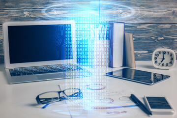 Obraz premium Multi exposure of desktop with computer on background and tech theme drawing. Concept of big data.