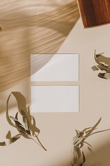 Blank paper sheet cards with empty copy space, wooden tray and dry leaves with sunlight shadows on beige background. Flat lay, top view business mock up template.