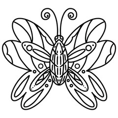 Black and white abstract illustration of a butterfly on a white background. Vector illustration of a winged insect with many geometric elements. Isolated monochrome object for coloring book, print.