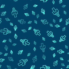 Obraz premium Green line Stage stand or debate podium rostrum icon isolated seamless pattern on blue background. Conference speech tribune. Vector.