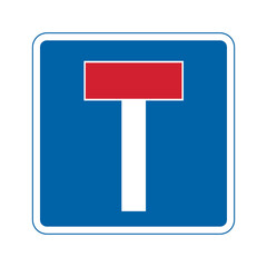 No through road traffic sign. Vector illustration of dead end road sign. Vehicle will not be able to pass through. Information for drivers on blue square plate board isolated on white background.