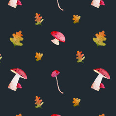 Mushrooms and leaves on a dark background. Watercolor elements. Seamless pattern and autumn wallpaper