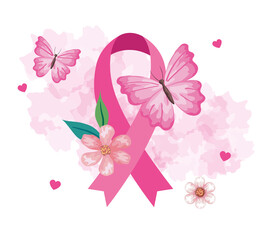 pink ribbon with flower and butterflies of breast cancer awareness design, campaign and prevention theme Vector illustration