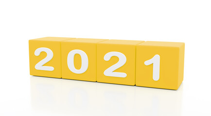 2021 New year 3d yellow dice, isolated against white background.