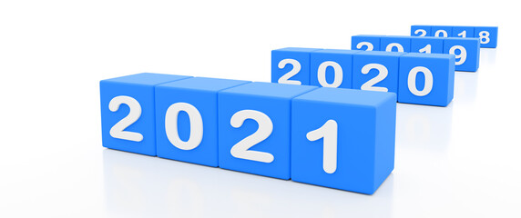 2021 New year 3d blue dice 2020, 2019, 2018, isolated against white background.