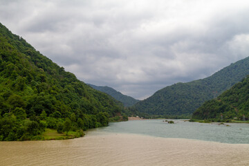 The confluence of the rivers Acharistskali and Chorokhi, whose water is of two different colors