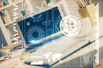 Double exposure of desktop with personal computer on background and tech theme drawing. Concept of data analysis.