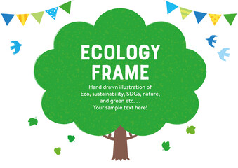 木のエコロジーな手描きフレーム 横 白バック　文字あり