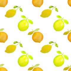 lemon orange citrus fruits watercolor painting in seamless pattern