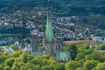 Fototapeta premium View of Trondheim, Trondelag, Norway, from the Kristiansten Fortress Hill. Historically known as Kaupangen, Nidaros and Trondhjem.