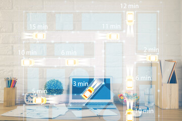 Desktop computer background in office with automobile hologram drawing. Multi exposure. Tech concept.