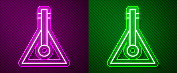 Glowing neon line Musical instrument balalaika icon isolated on purple and green background. Vector.