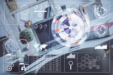 Multi exposure of desktop with personal computer and tech theme drawing. Concept of Bigdata.