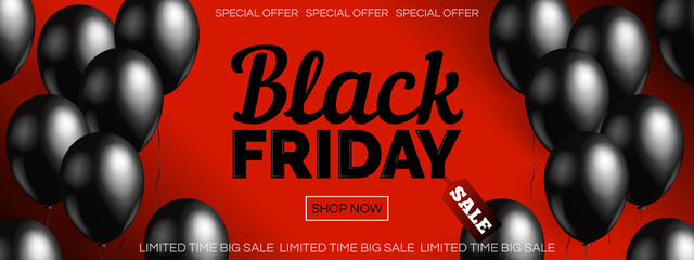 black friday sale horizontal web banner design with dark balloons on red background