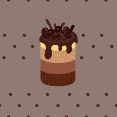 chocolate mousse cake on brown background with dots seamess pattern
