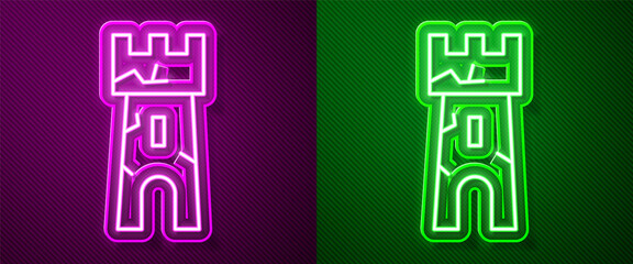 Glowing neon line Castle tower icon isolated on purple and green background. Fortress sign. Vector.