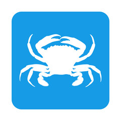Concepto vida marina. Marisco. Icono silueta cangrejo en cuadrado color azul