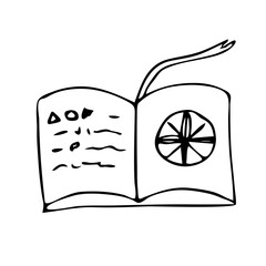 Magic open book. Vector illustration in the Doodle style. Isolated object on a white background.
