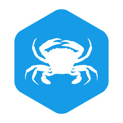 Concepto vida marina. Marisco. Icono silueta cangrejo en hexágono color azul