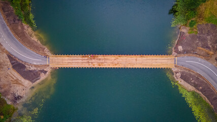 Top down view of wooden bridge in Dubingiai by drone © Romas