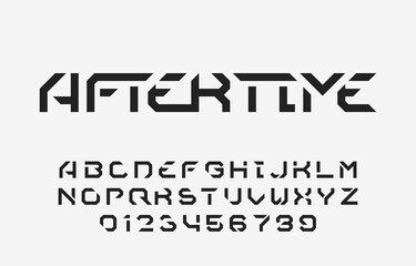 Aftertime alphabet font. Futuristic stencil letters and numbers. Stock vector typescript for your typography design.