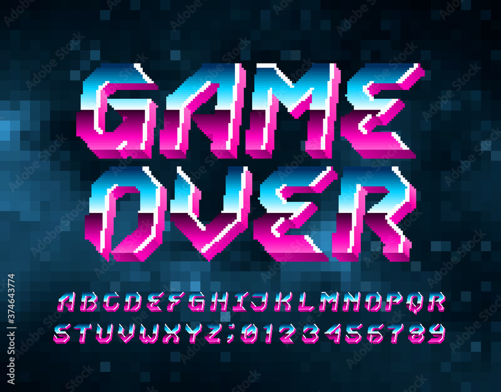 Fototapete game over alphabet font. pixel letters, numbers and symbols. digital background. 80s arcade video ga