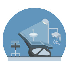  Dental office with special medical chair and instruments for treatment and examination of patients.Vector flat design, for web and mobile applications. information banner for dental clinic