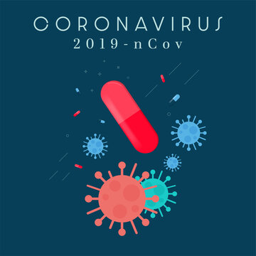 Medicine capsules isolated on dark blue background. COVID-19 Corona virus outbreaking and Pandemic medical health risk concept. Corona virus icon. Flat style. Vector illustration