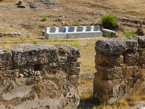 Ruins of the theater of the ancient town of Euonymos, in Alimos, Attica, Greece