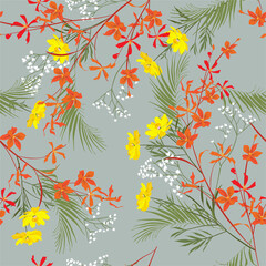 Vintage floral seamless vector pattern background with gentle orchid flowers, palm leaves, meadow flower, Botanical wallpaper illustration design for all prints