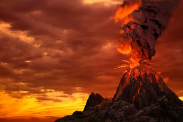 Foto auf Alu-Dibond Stratovulkanausbruch mit riesiger Rauchsäule und Feuer bei Sonnenuntergang, Probleme wegen Katastrophe und vulkanischem Erdbebenkonzept - 3D-Darstellung der Natur © Dancing Man