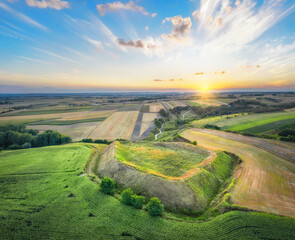 Aerial view of Stradow Hillfort (Grodzisko w Stradowie) - an early medieval stronghold existing from the 8th century settled by Vistulans