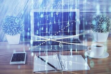 Double exposure of computer and technology theme drawing. Concept of innovation.