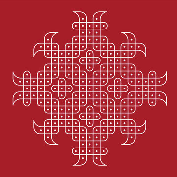 Rangoli or muggu or kolam is an art form originating in the Indian subcontinent. Patterns are created on the floor or the ground using materials such as limestone powder, rice powder or flower petals.