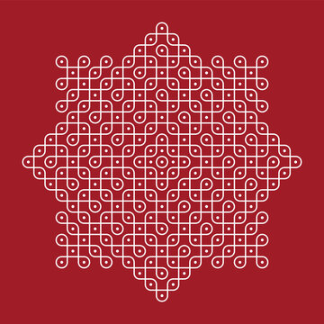 Rangoli or muggu or kolam is an art form originating in the Indian subcontinent. Patterns are created on the floor or the ground using materials such as limestone powder, rice powder or flower petals.
