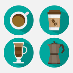 coffee set icons with a cup of coffee, latte, coffee makers