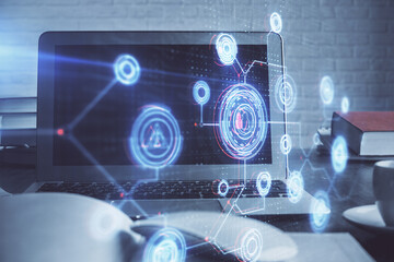 Multi exposure of computer on background and technology theme drawing. Concept of innovation.