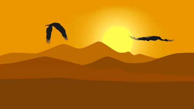 Landscape with sun, desert, mountains and flying eagles (animation)