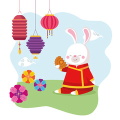 rabbit cartoon in traditional cloth with mooncake and lanterns vector design