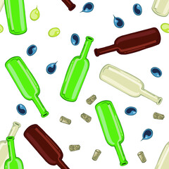 Seamless background with bottles,bungs and grapes, vector illustration